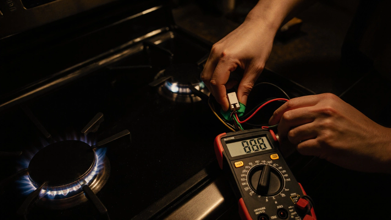 Hands removing a faulty infinite switch from a stove control panel with labeled wires.