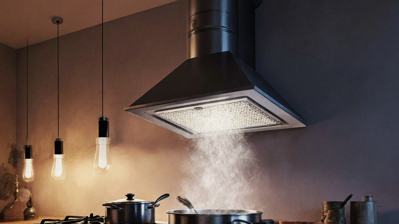 Kitchen extractor fan above gas stove pulling grease-laden air through metal filter into rigid duct exiting roof.