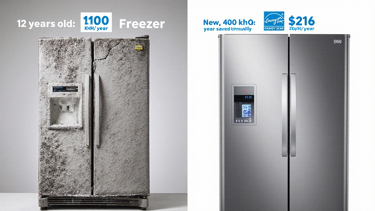 Side-by-side of old frosty freezer and modern energy-efficient model with labels showing power use.