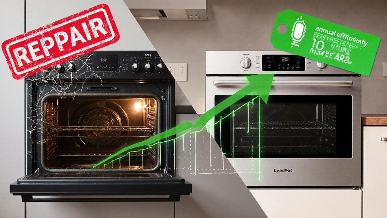 Split image comparing an aging oven to a modern one, with an energy savings graph in between.