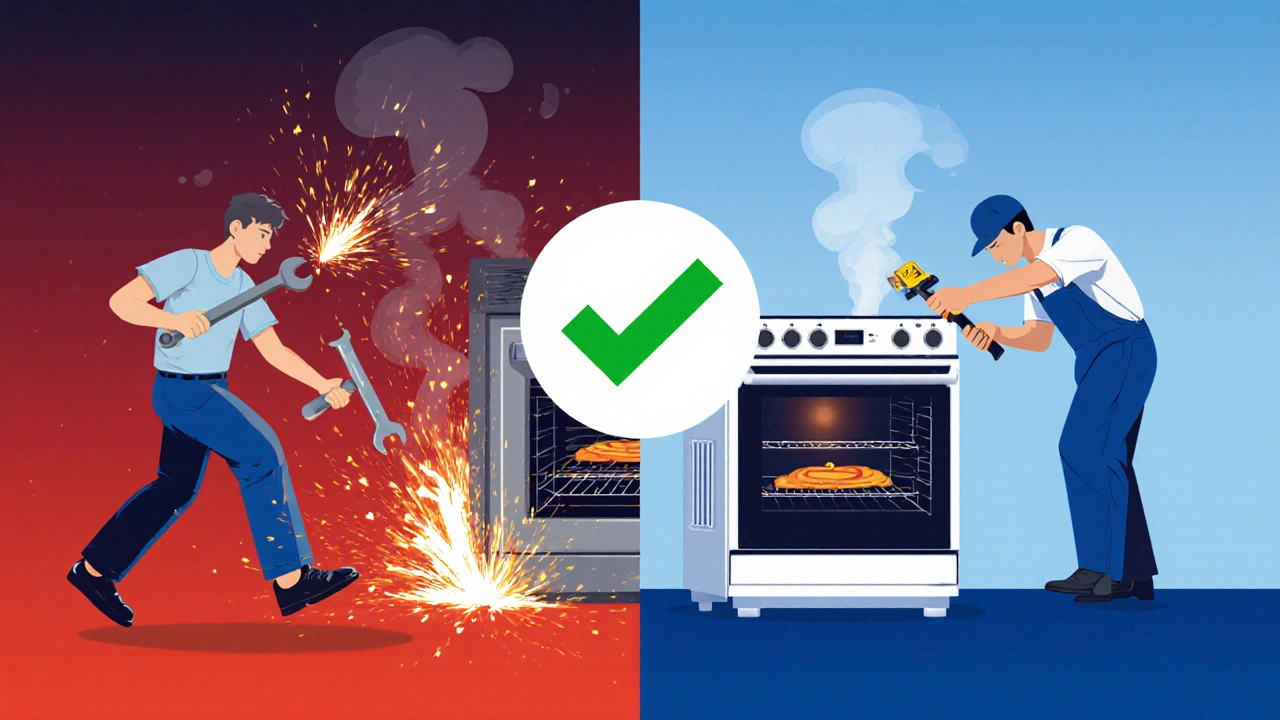 Split image contrasting dangerous DIY oven repair with safe professional repair.