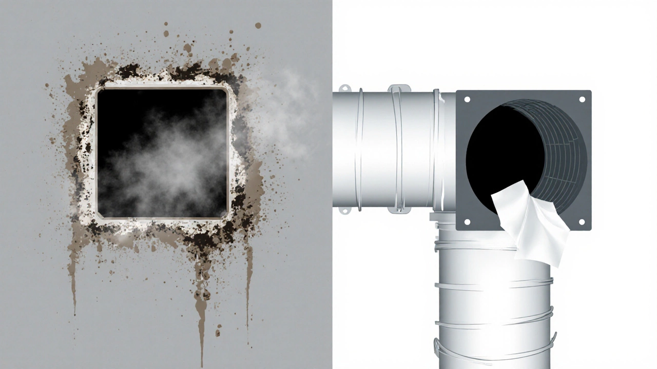 Split image: left shows moldy wall from poor ventilation, right shows clean space with fan and tissue stuck to grille.
