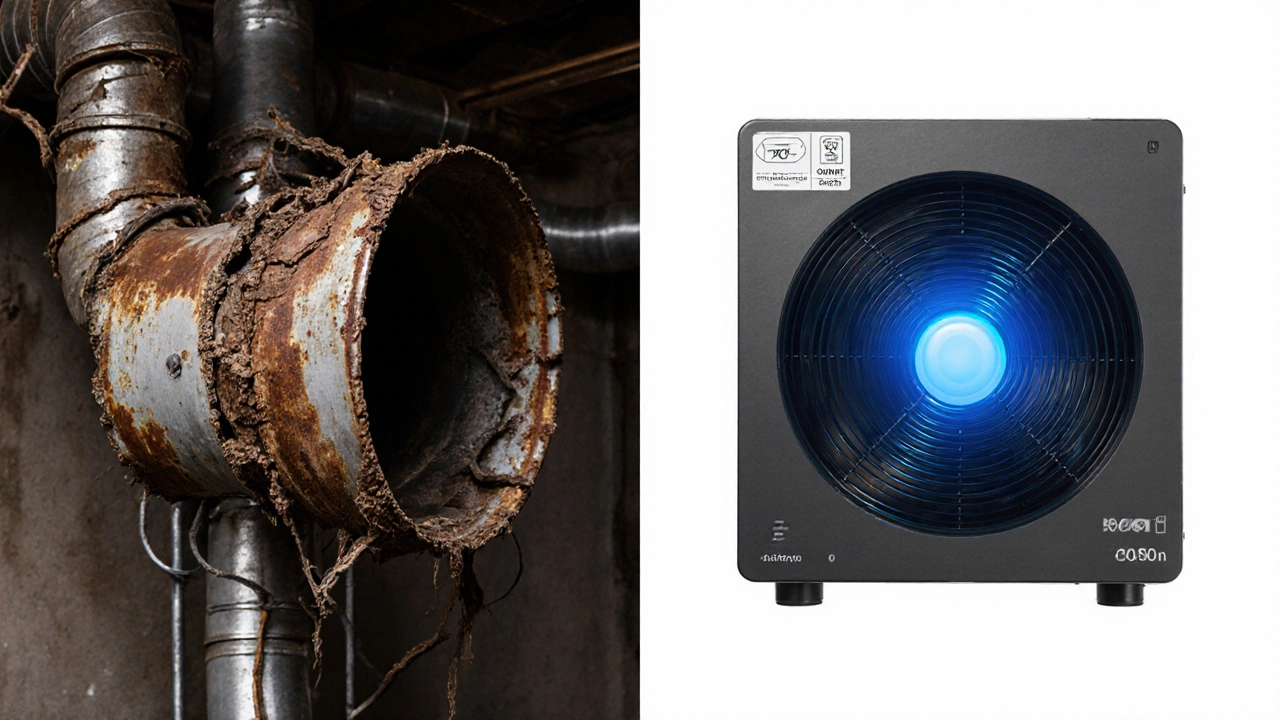 Split image: old rusted fan versus a modern smart extractor fan with glowing sensor.