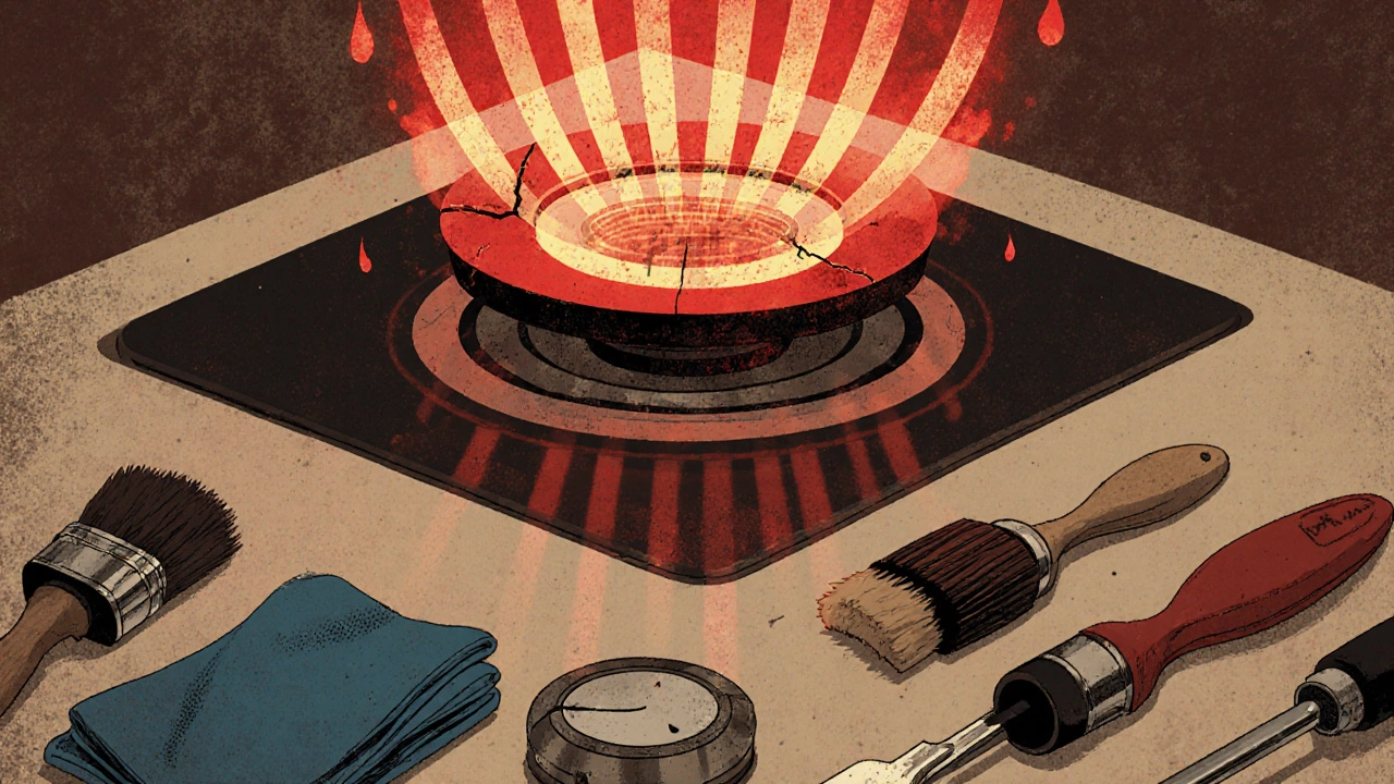 Stove with glowing coil and flickering dial surrounded by maintenance tools, symbolizing repair vs neglect.