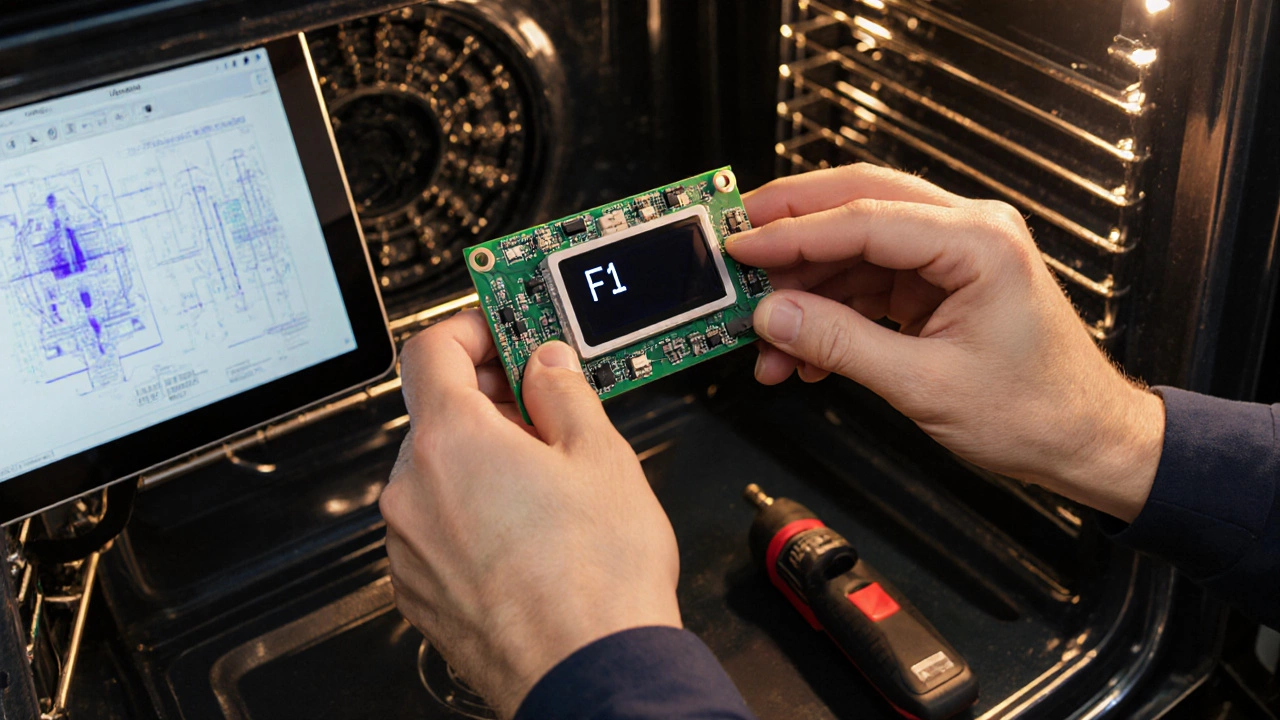 Technician&#039;s hands replacing an oven control board with diagnostic tablet showing wiring diagrams.