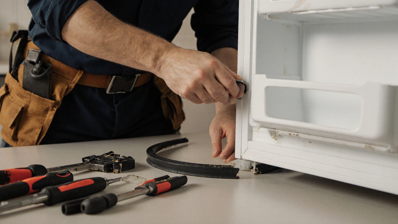 Technician replacing a freezer door seal with new gasket, tools nearby on a kitchen counter.