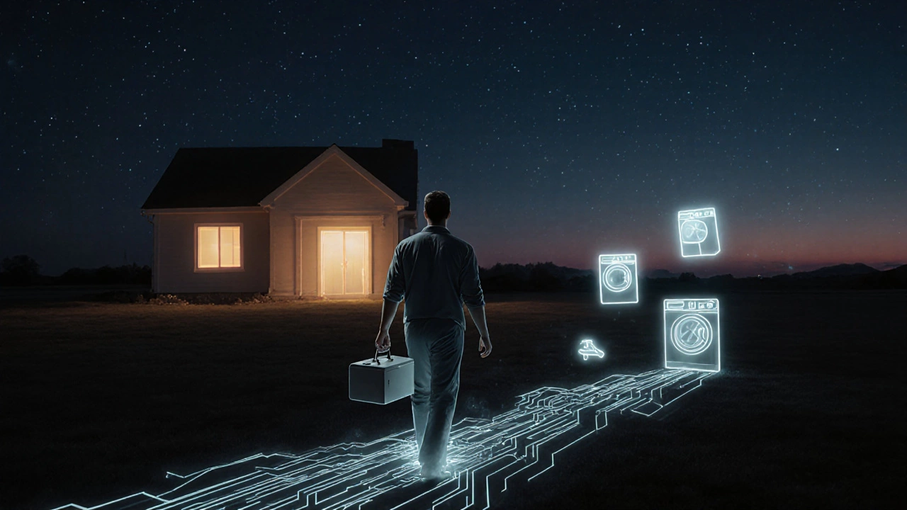 Technician walking toward a house with floating repaired appliances trailing behind.