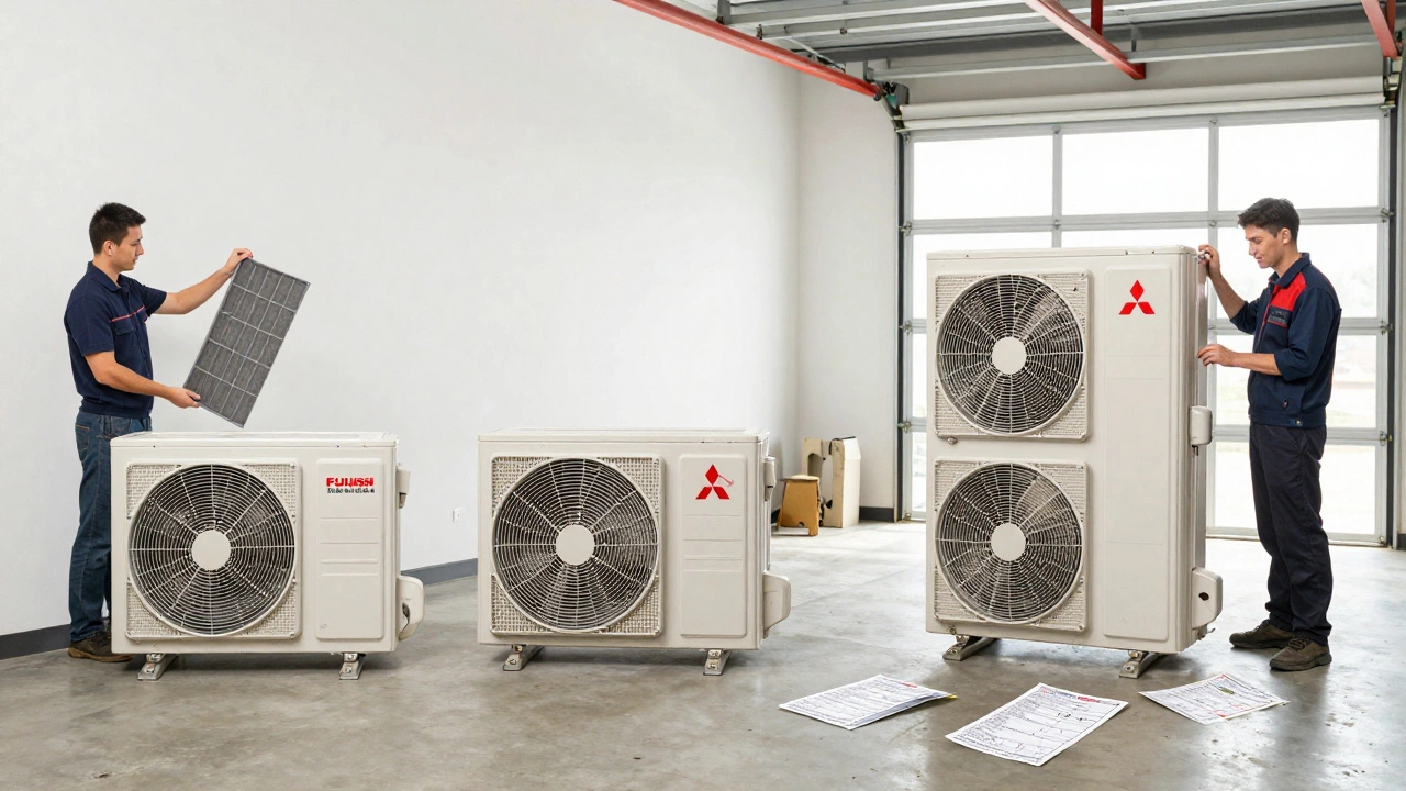 A 15-year-old Fujitsu heat pump still in use alongside a discarded cheap unit and a new installation.
