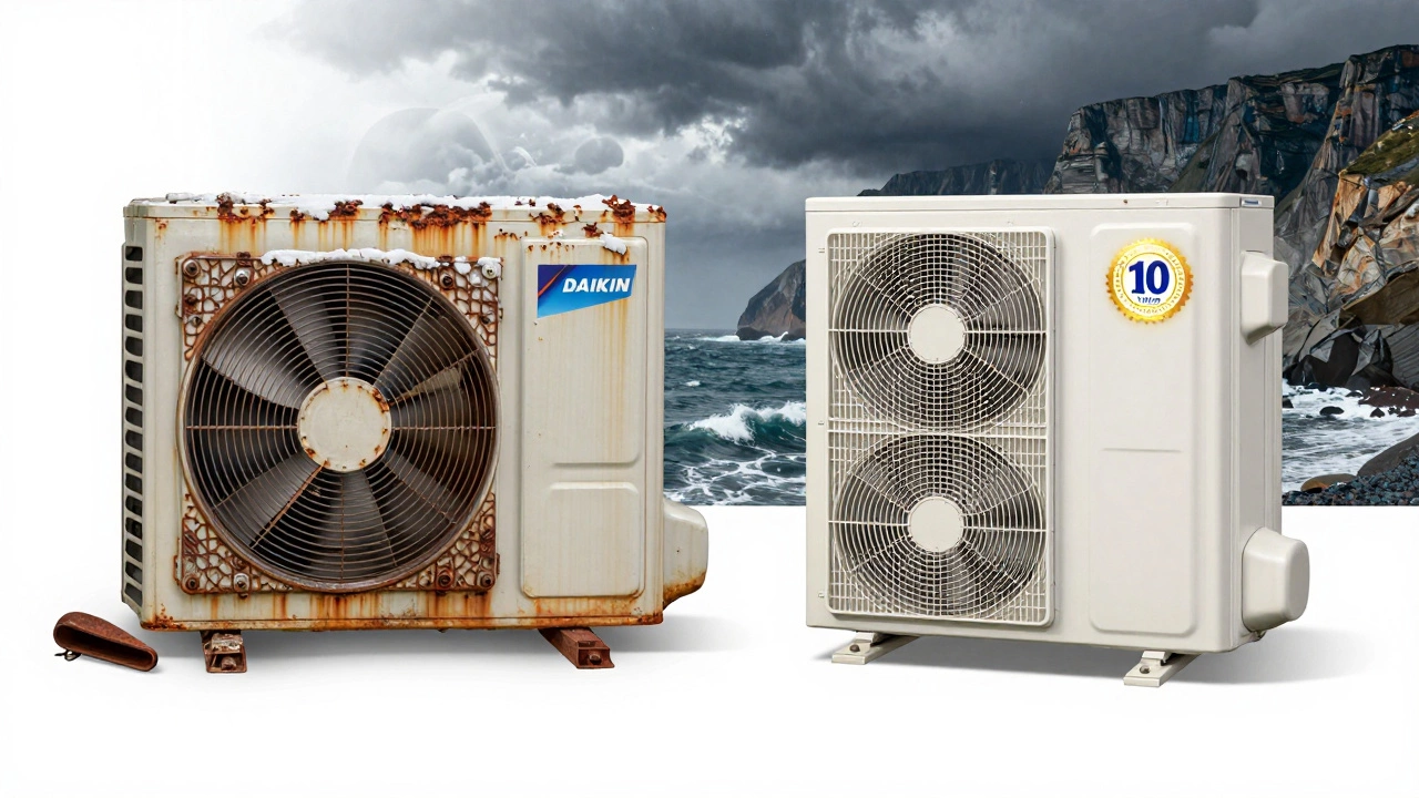 A comparison between a corroded budget heat pump and a durable Daikin unit in a coastal environment.