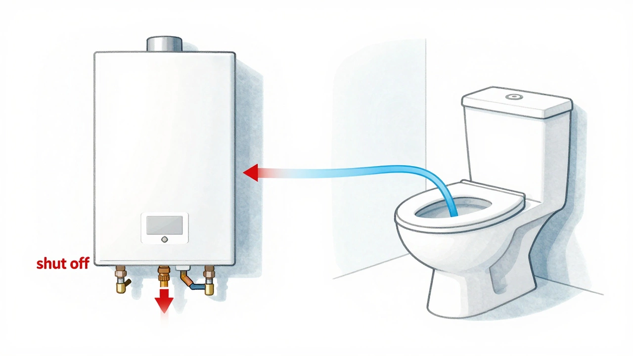 A conceptual split-image showing a boiler being removed while a toilet remains connected to an independent cold water line.