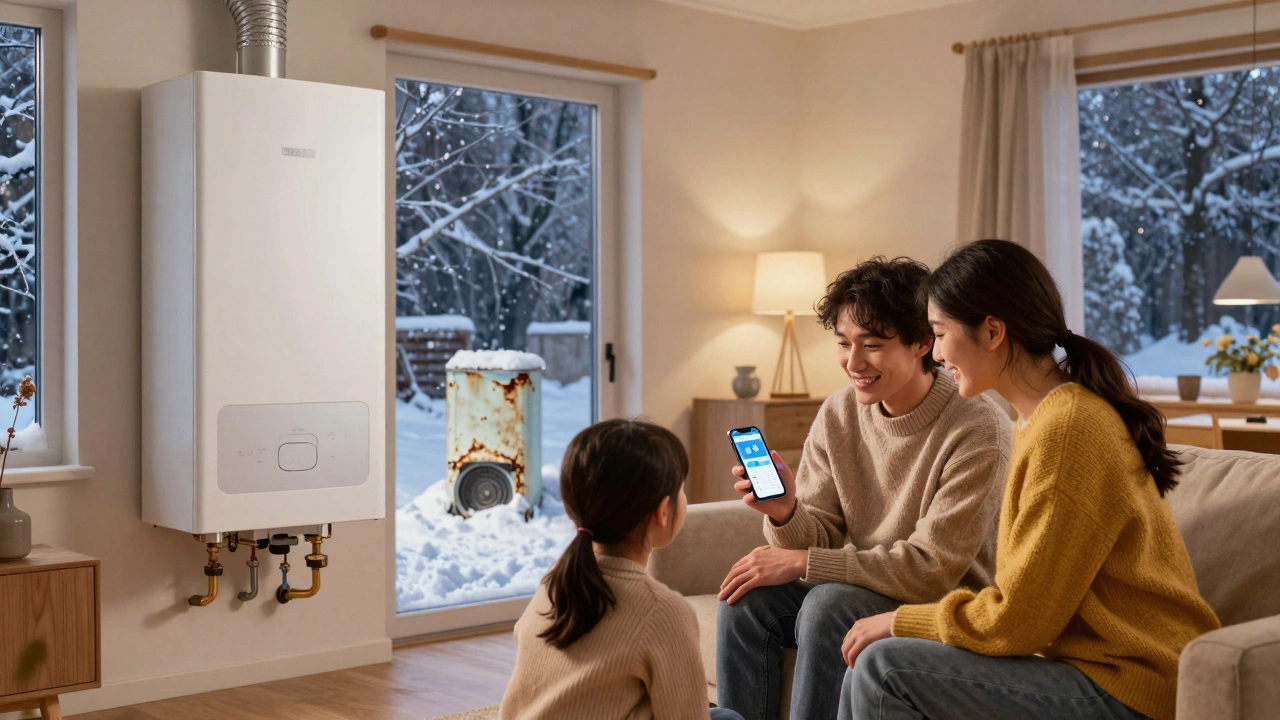 A cozy family enjoying heat from a new boiler on a snowy night, with the old unit in the background.