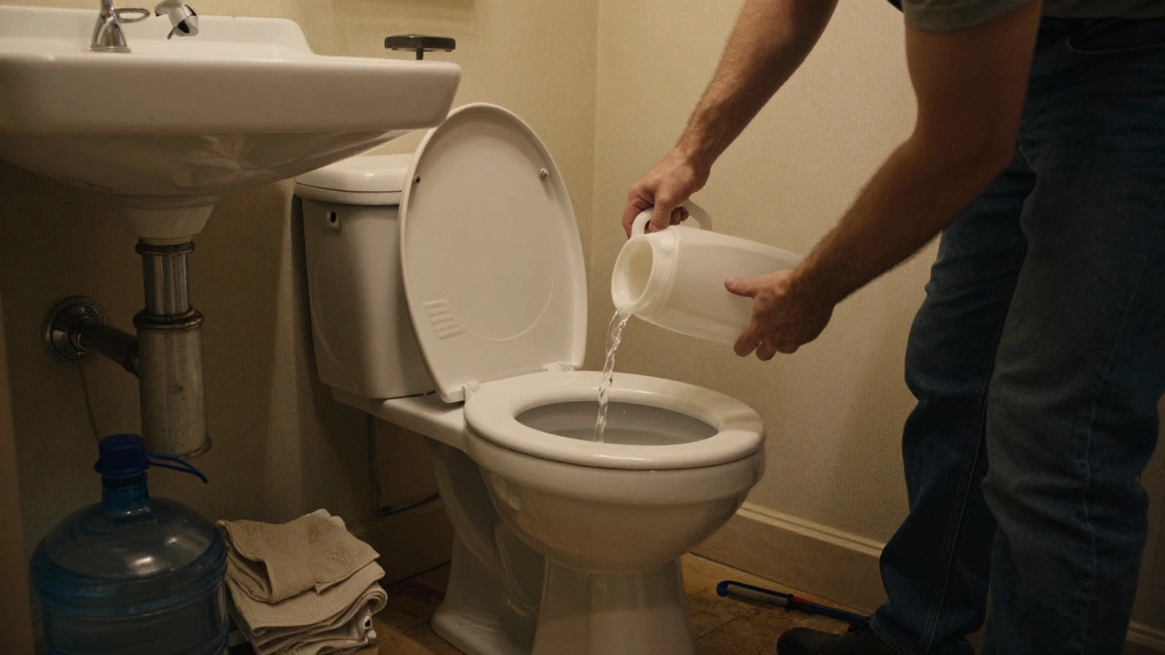 A family member carefully flushing a toilet with a jug of water while a plumber works nearby.