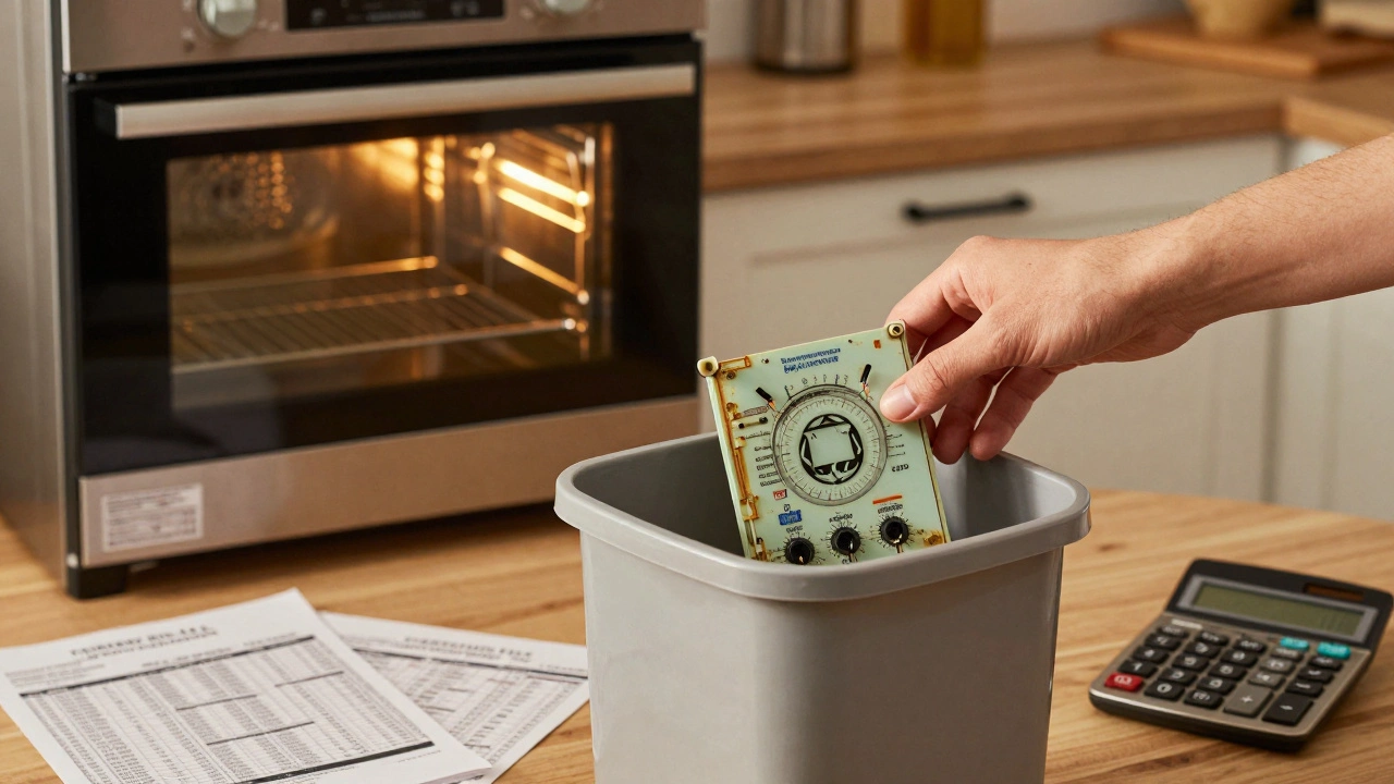 A hand discarding a broken oven control board as a new oven glows warmly in the background.