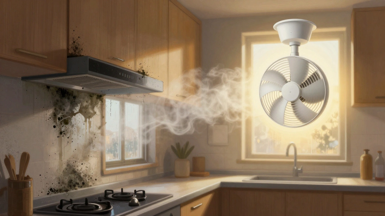 Black mold growing on kitchen walls above a broken fan, contrasted with a clean, functioning fan in the background.