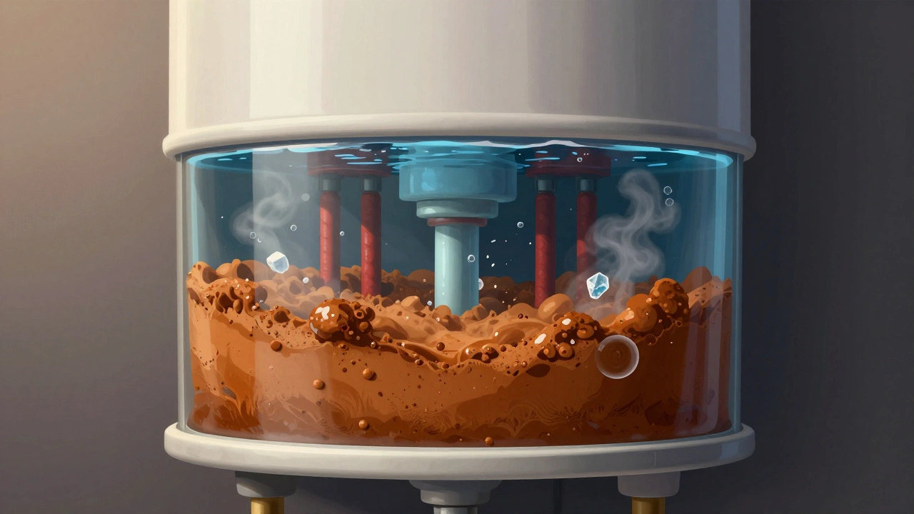 Cross-section of a water heater showing thick sediment layers covering heating elements.