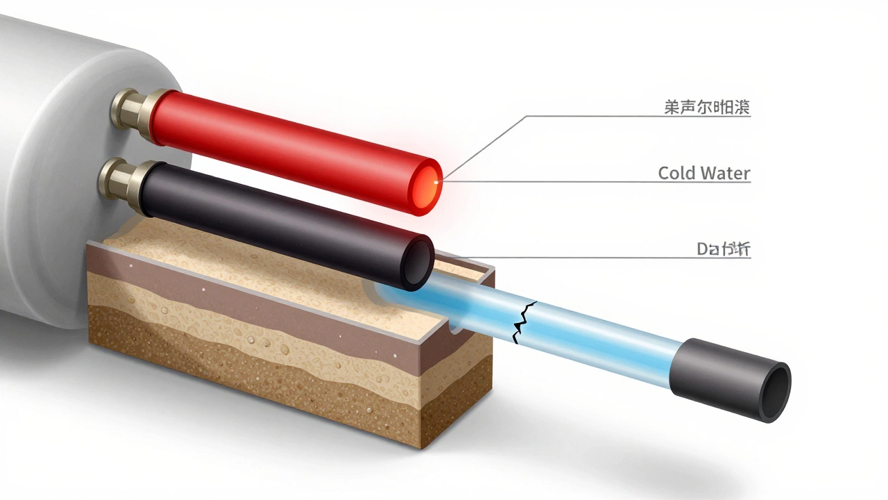 Cross-section of water heater showing one dead heating element and sediment buildup at the bottom.