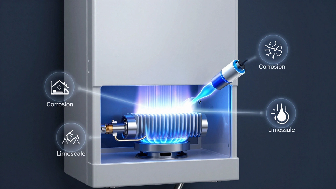 Cutaway view of a modern boiler with corrosion and scale being filtered out by maintenance tools.
