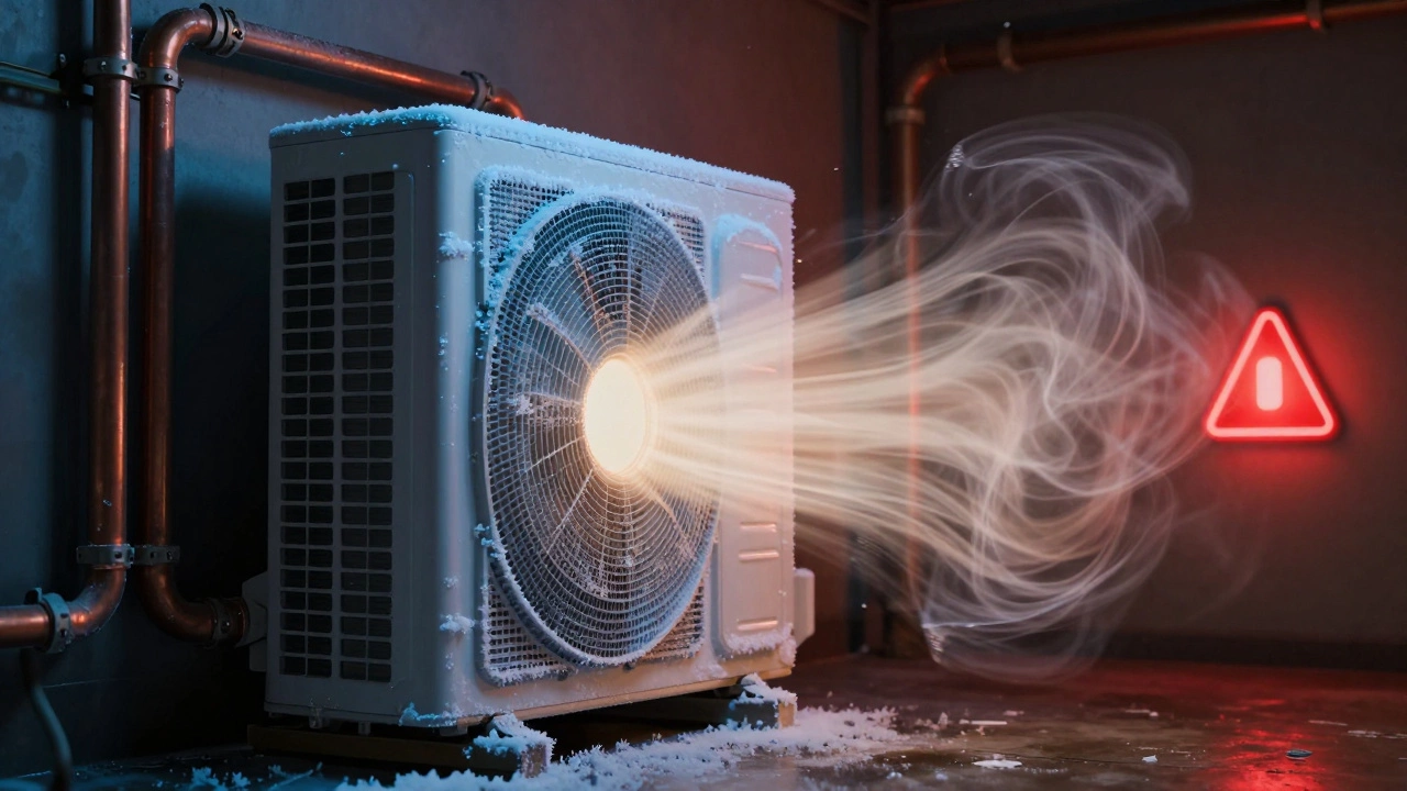 Frozen evaporator coil inside heat pump with icy crystals on copper pipes