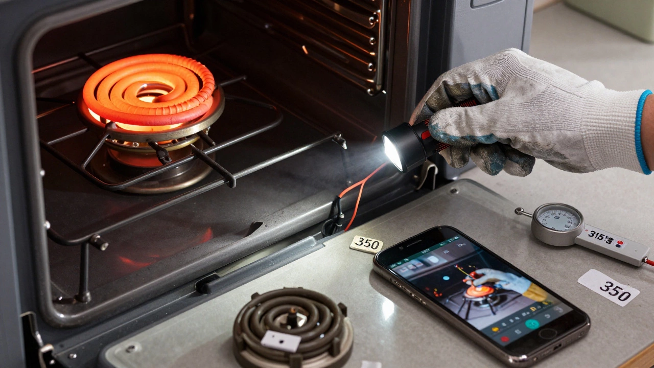 Hand installing a new oven element with glowing coil and safety tools nearby.