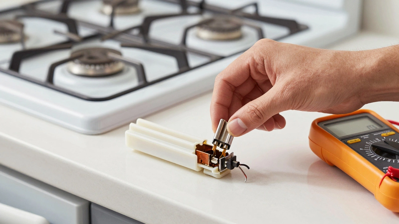 Hand removing a faulty heating element with multimeter showing 'OL' on counter.