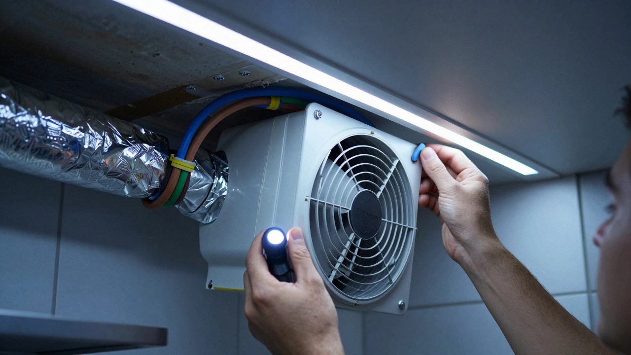 Hands installing a new extractor fan with taped wires and foil-taped duct connection in a ceiling cavity.