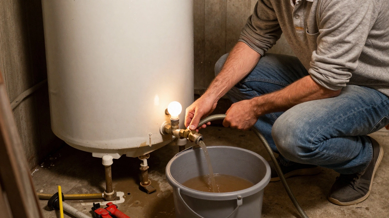 Homeowner draining a water heater with a garden hose in a dim basement.