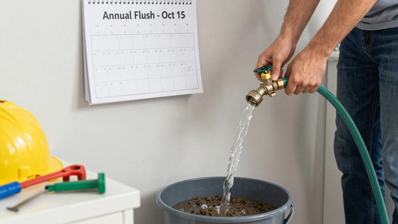 Homeowner flushing water heater tank, sediment pouring from hose into bucket, tools nearby.