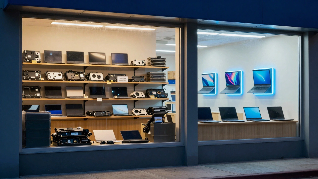 Independent repair shop window contrasted with glowing new laptops in a corporate store.