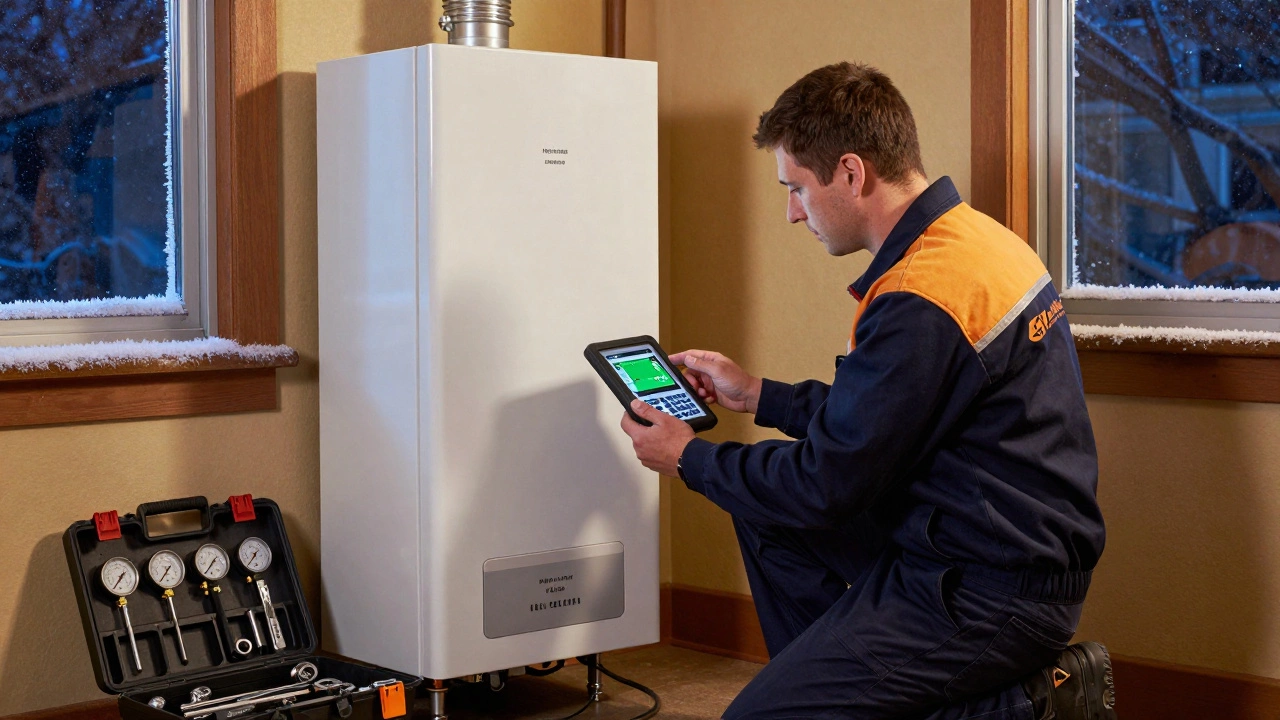 Licensed gas fitter diagnosing a boiler error code with a tablet in a New Zealand home.