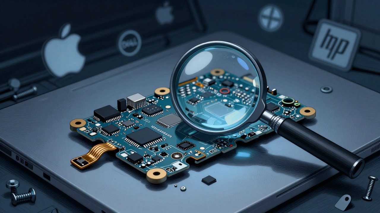 Magnified view of a damaged laptop motherboard with micro-soldered components.