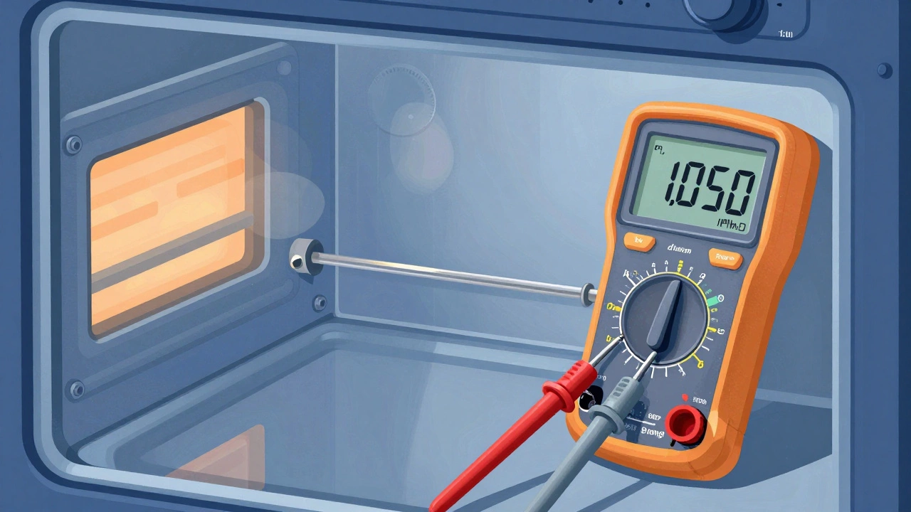 Multimeter testing oven temperature sensor showing 1,050 ohms