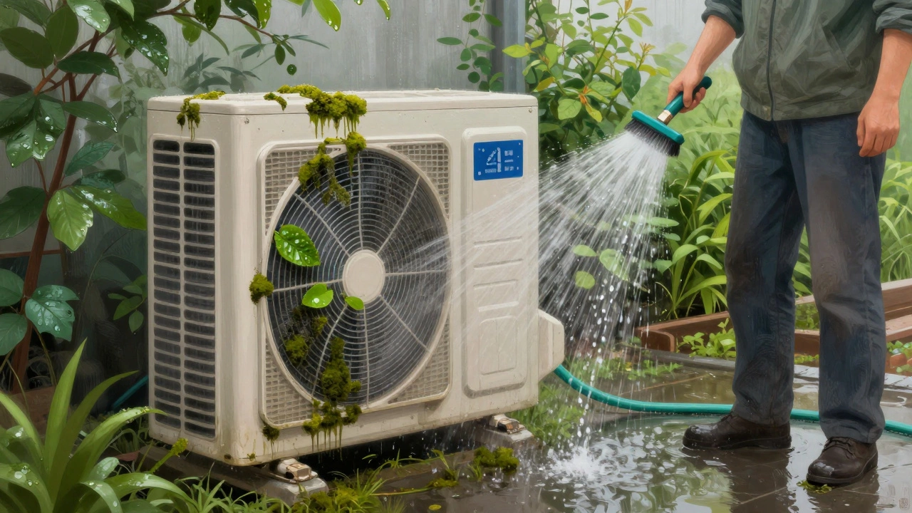 Outdoor heat pump unit covered in moss and leaves being cleaned with a hose