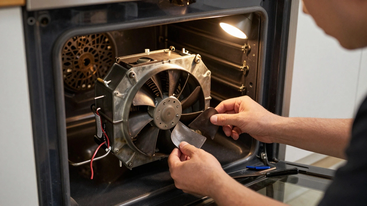 Person removing faulty convection fan motor from oven back panel