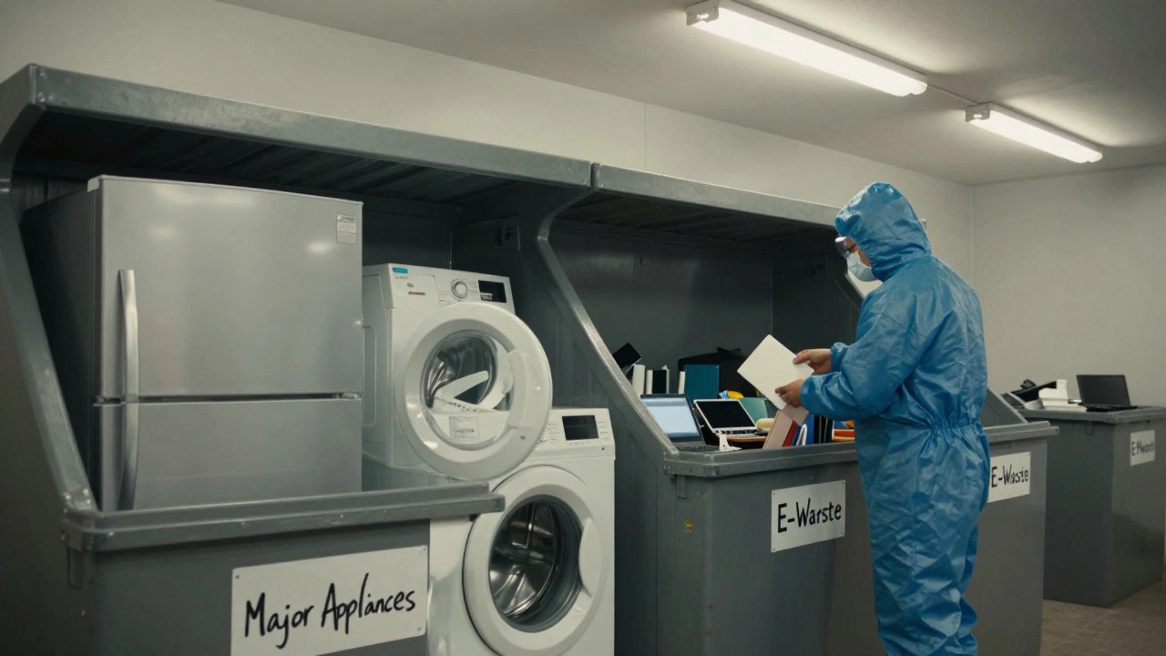 Recycling center with separate bins for appliances and electronic waste.
