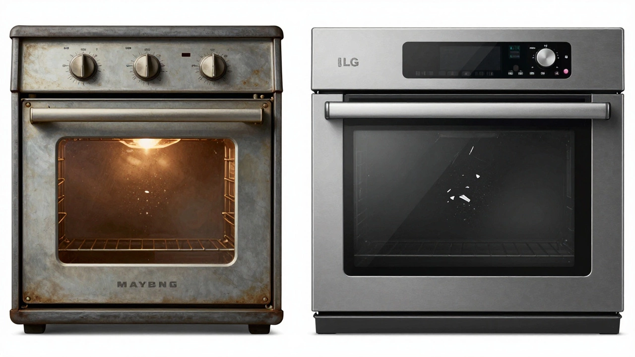 Side-by-side: a sturdy Maytag oven versus a broken LG touchscreen oven, symbolizing longevity vs. failure.