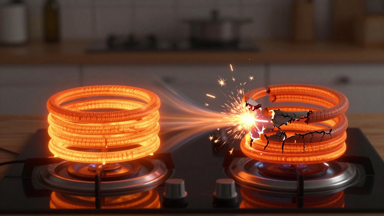Split image showing a healthy glowing element versus a failing one with sparks.