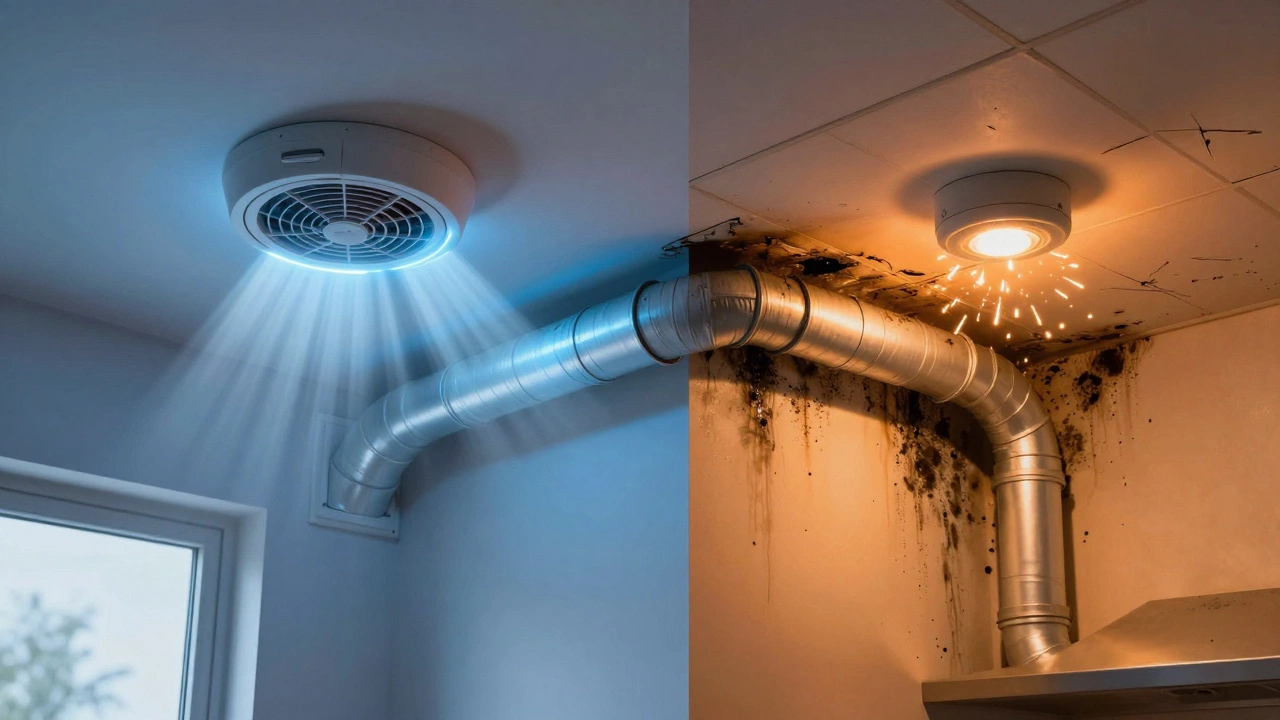 Split image showing clean airflow vs. mold and fire hazards from neglected fan.