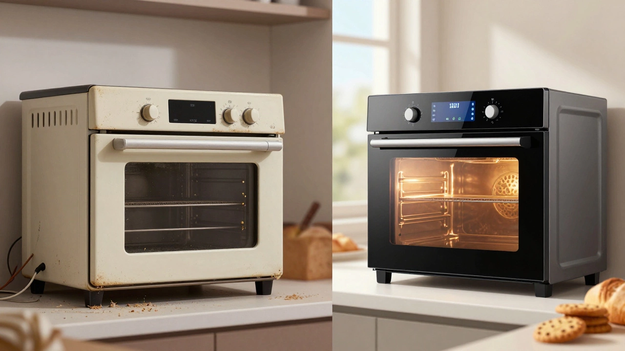 Split-screen comparison of an old, worn oven versus a modern, efficient one with fresh baked goods.