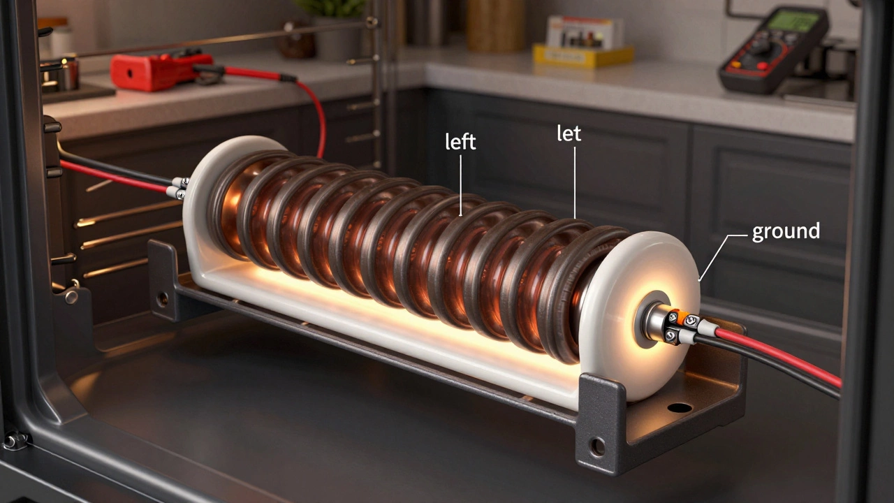 Technical cross-section of a new oven element being wired correctly inside the oven cavity.