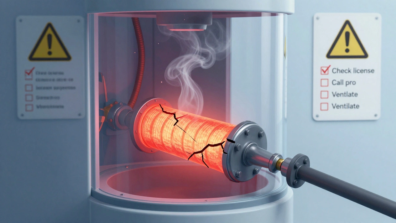 Transparent boiler showing a cracked heat exchanger with dangerous gas emissions.