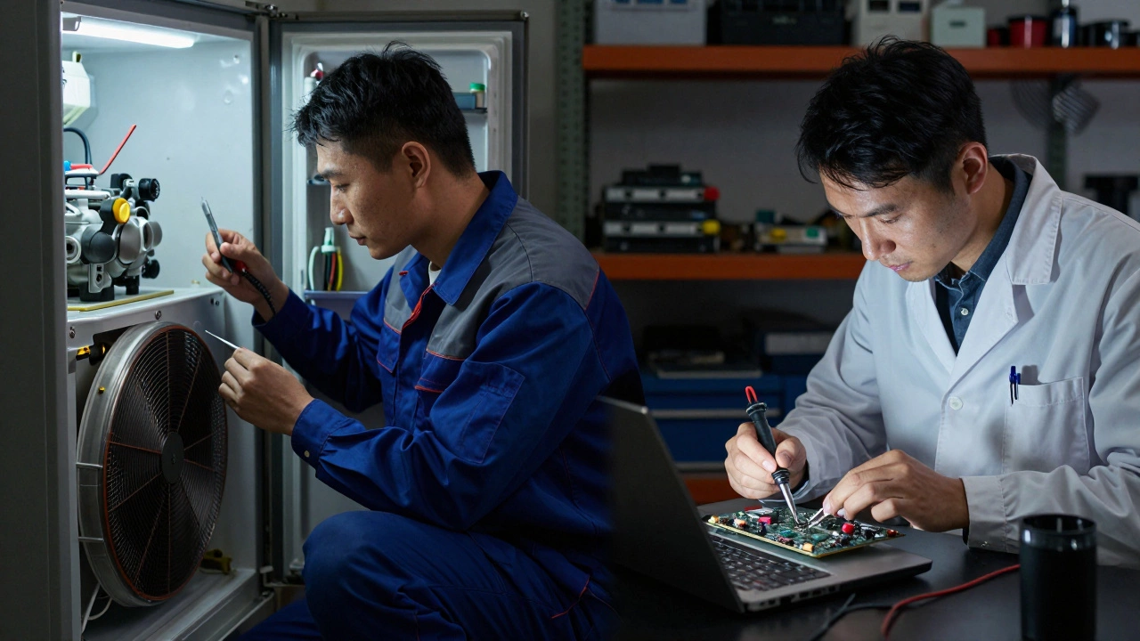 Two repair technicians working on a refrigerator and a laptop in separate shops.