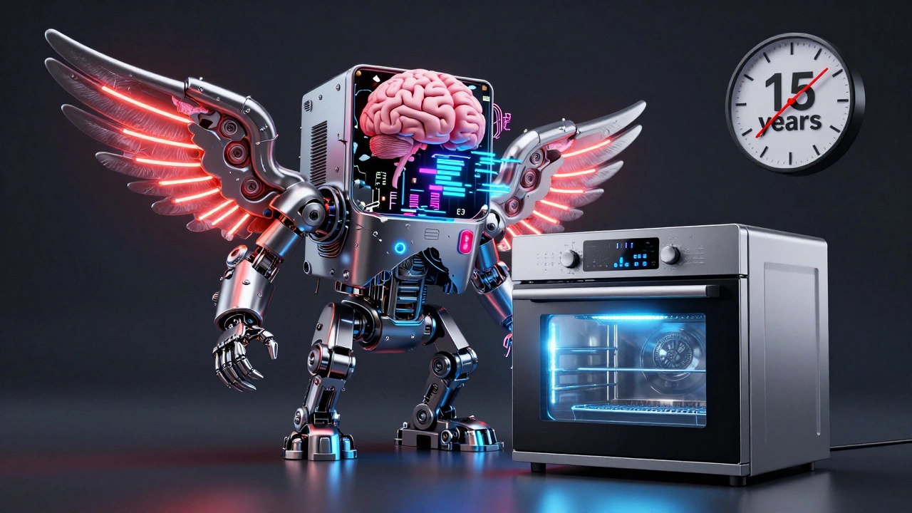 Aged oven as broken mechanical creature beside a sleek modern one, with error codes and clock showing 15 years.