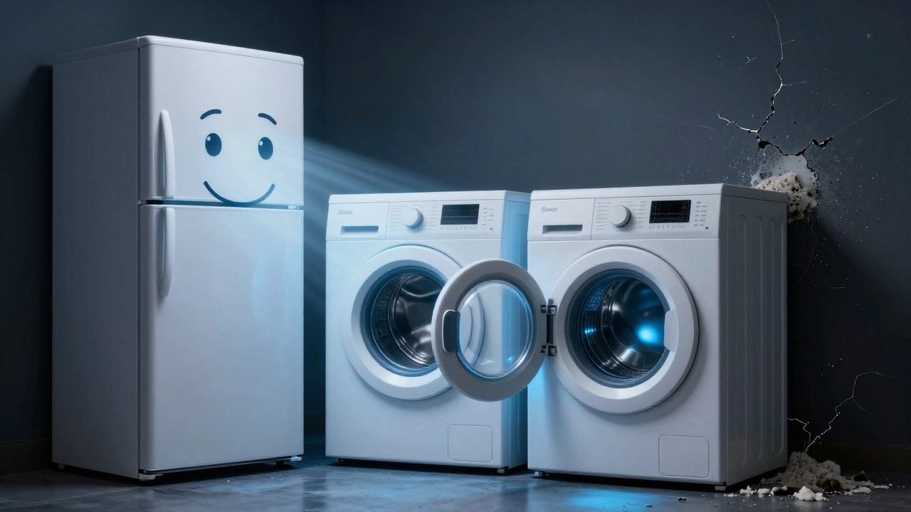 Appliances as healthy living beings glowing with energy, one neglected and dark.