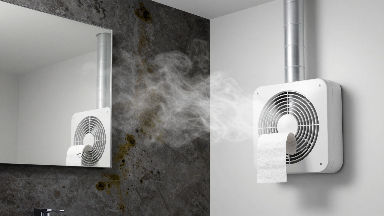 Before and after bathroom scene: moldy wall versus clean, ventilated space with fan working.