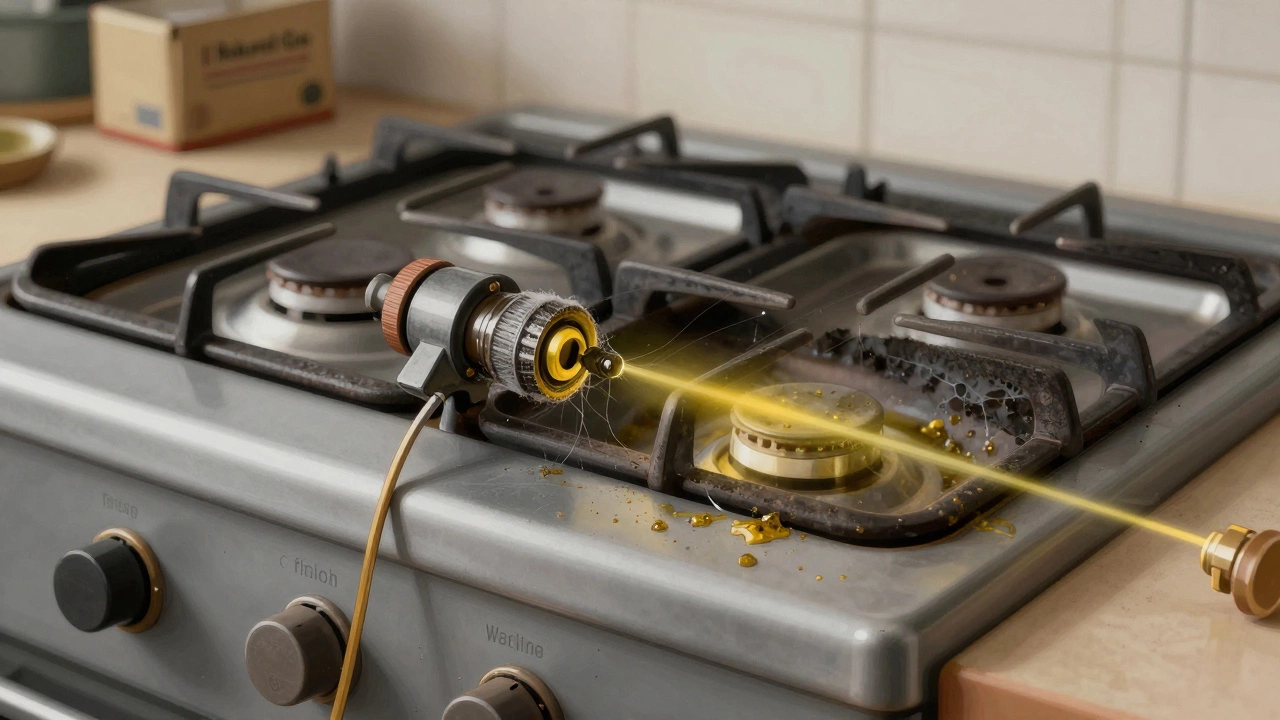 Cross-section of a dirty cooker with blocked burner ports and a disconnected safety device.