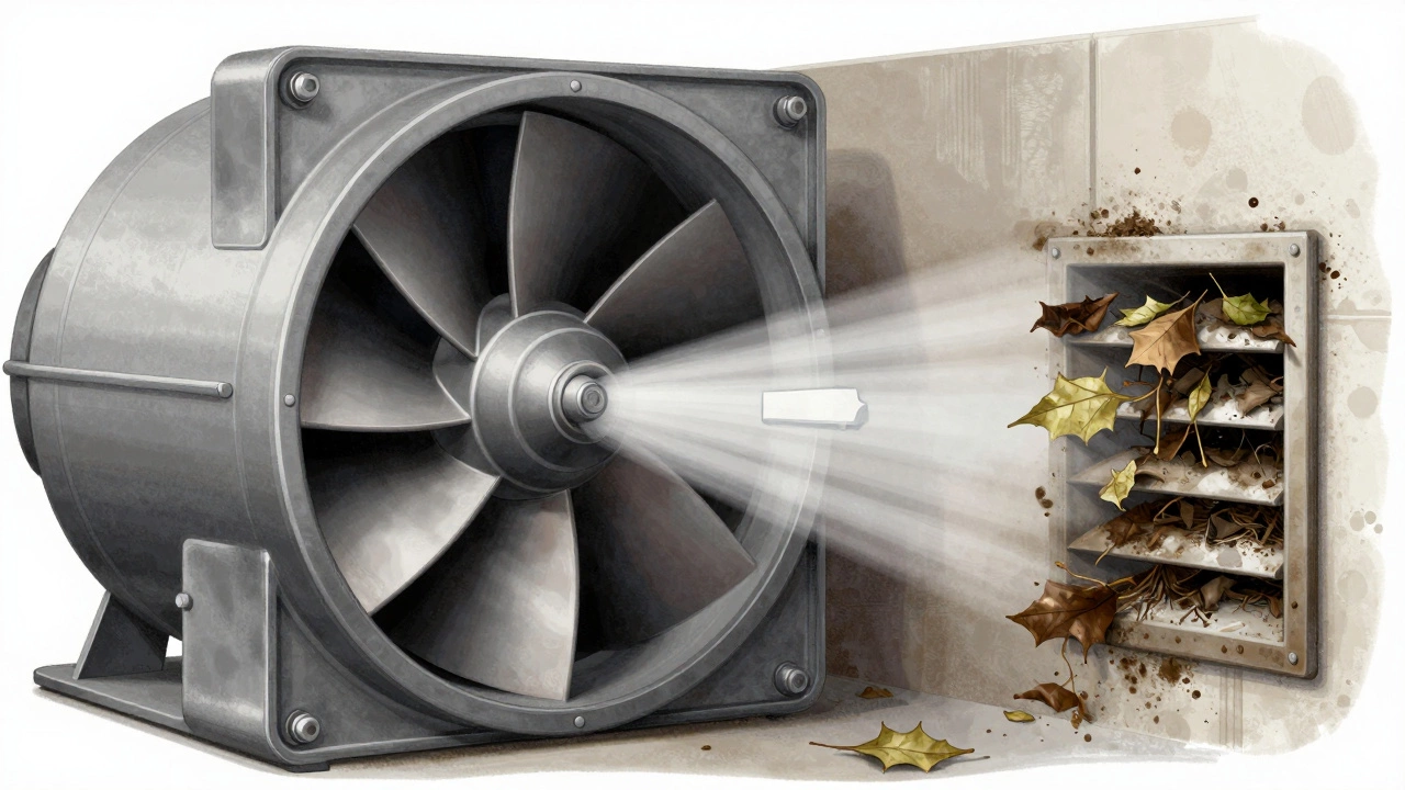 Cutaway diagram of a clean extractor fan impeller with airflow arrows and blocked vent comparison.