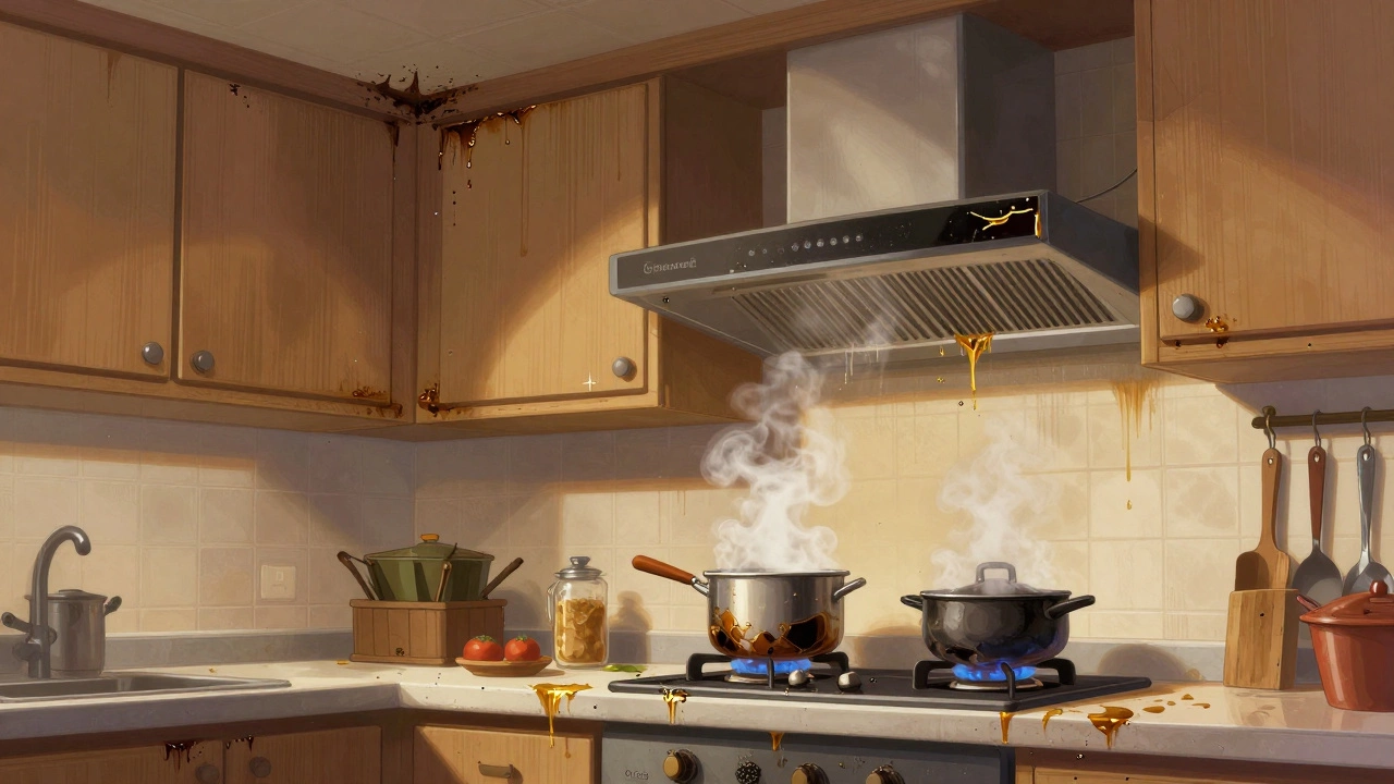 Greasy kitchen with steam rising and a faulty extractor fan above the stove.