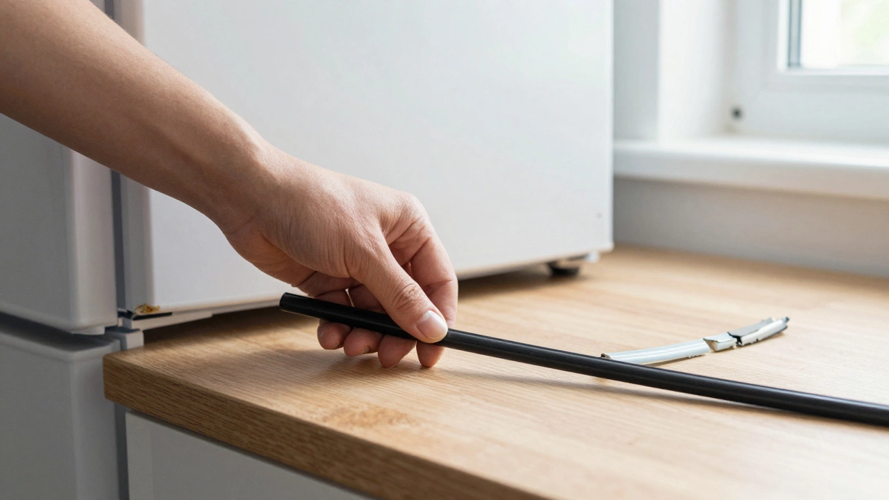 Hand replacing a refrigerator door seal with a new gasket.