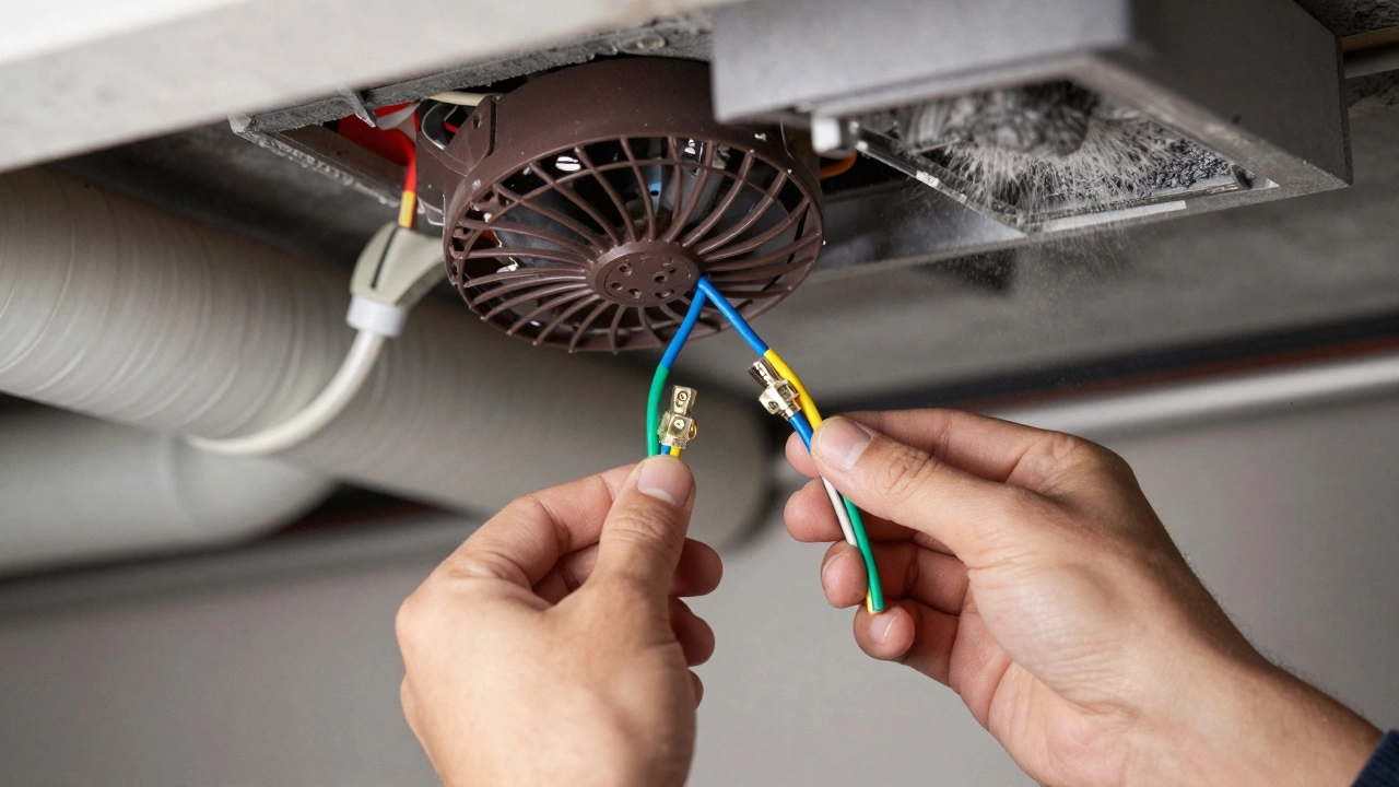 Hands connecting color-coded wires of a new extractor fan with wire nuts and tape.