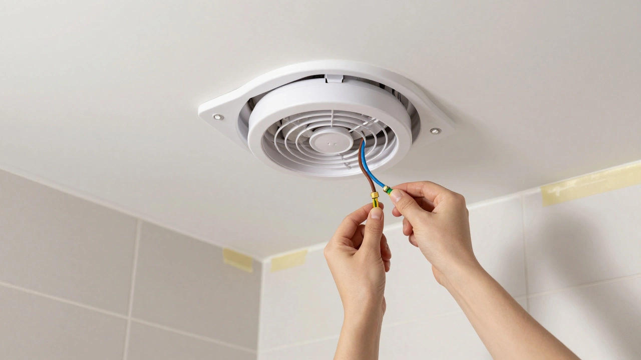 Hands connecting colored wires to install a new bathroom extractor fan with duct attached.